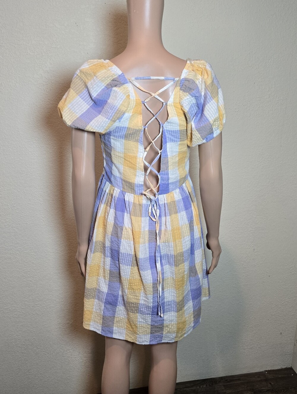 Arizona Plaid Puff-Sleeve Smocked Mini Dress in Yellow & Lavender Size Large - Picture 5 of 10
